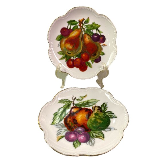 VTG Lego Wall Hanging Porcelain Plate Fruit Gold Trim Deco 6" Japan Set Of 2 - Picture 2 of 11